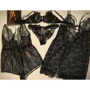 Victoria's Secret unlined 36C BRA SET+panty+L TEDDY+SLIP Black lace chantilly